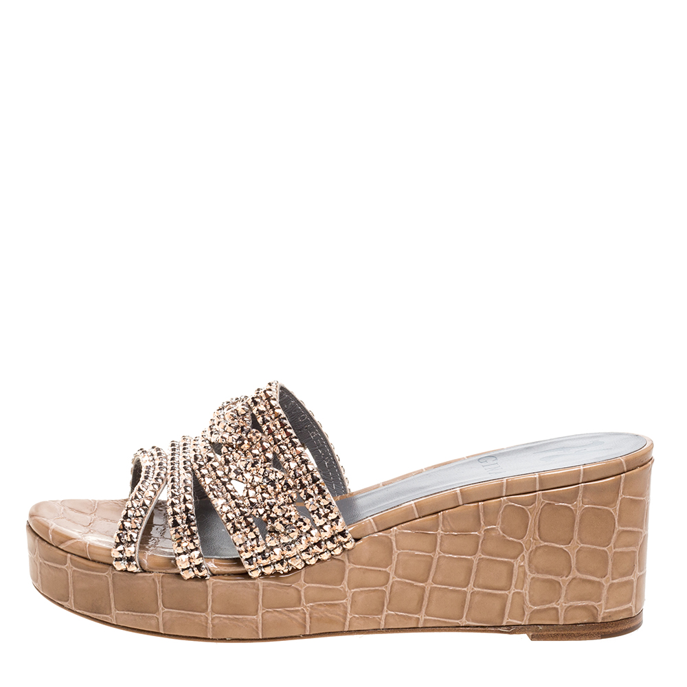 

Gina Beige Croc Embossed Leather Crystal Embellished Wedge Platform Sandals Size