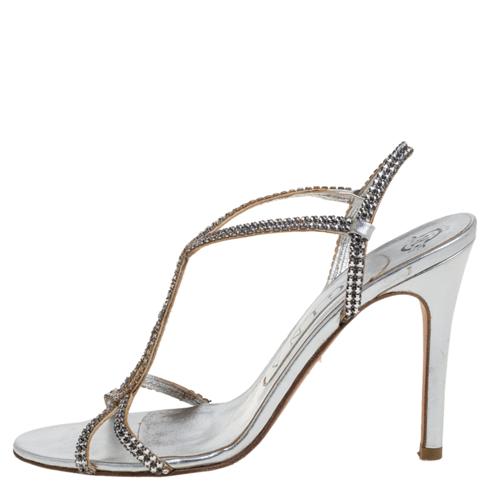 

Gina Silver Leather And Crystal Embellished Slingback Sandals Size
