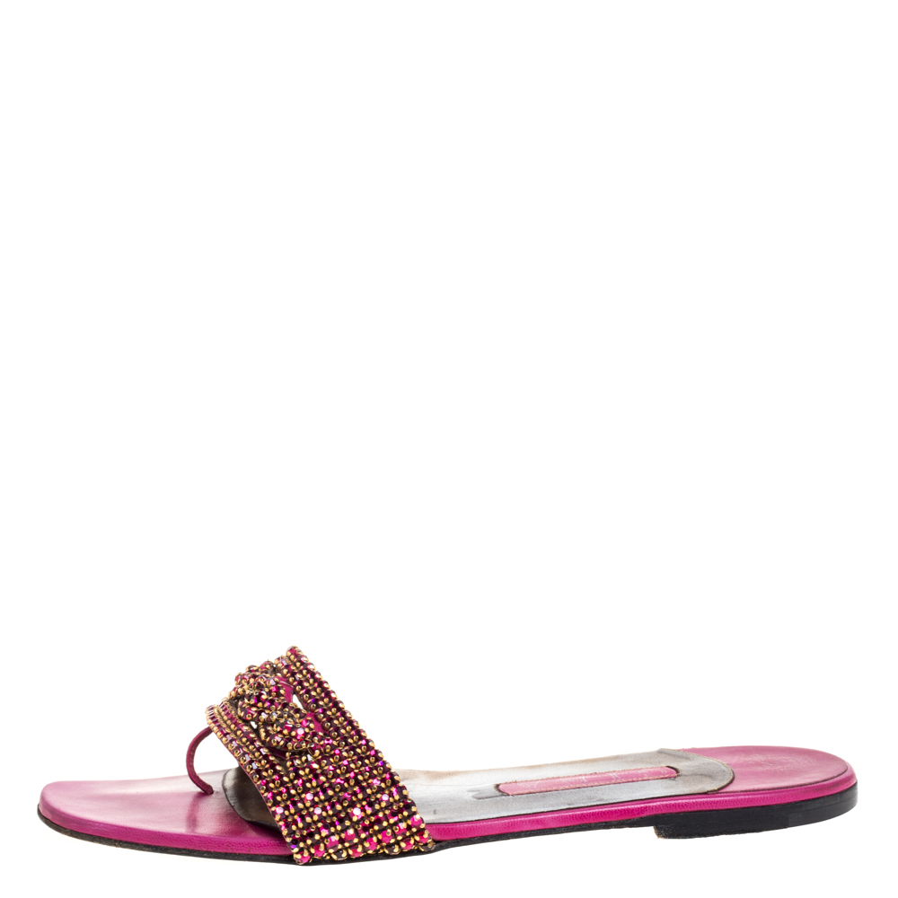 

Gina Magenta Leather Athena Crystal Embellished Slide Flats Size, Pink