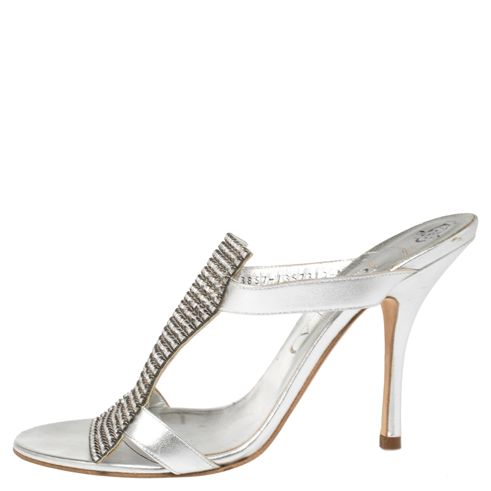 

Gina Silver Leather and Crystal Embellished Slide Sandals Size