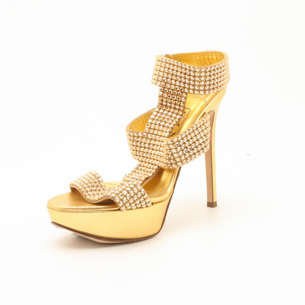 Pre Owned Gina Metallic Gold and Crystal Embellished Platform Sandals Size 36