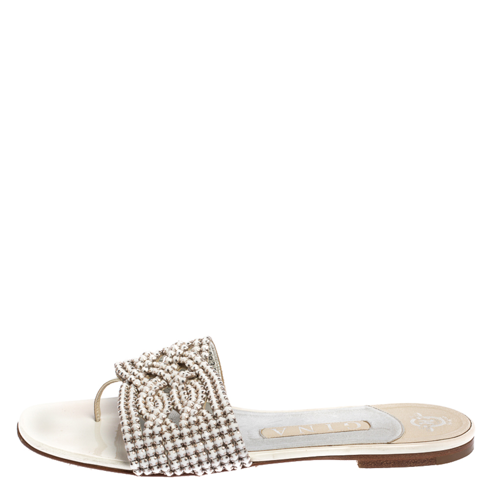 

Gina White Leather Crystal Embellished Slide Flats Size