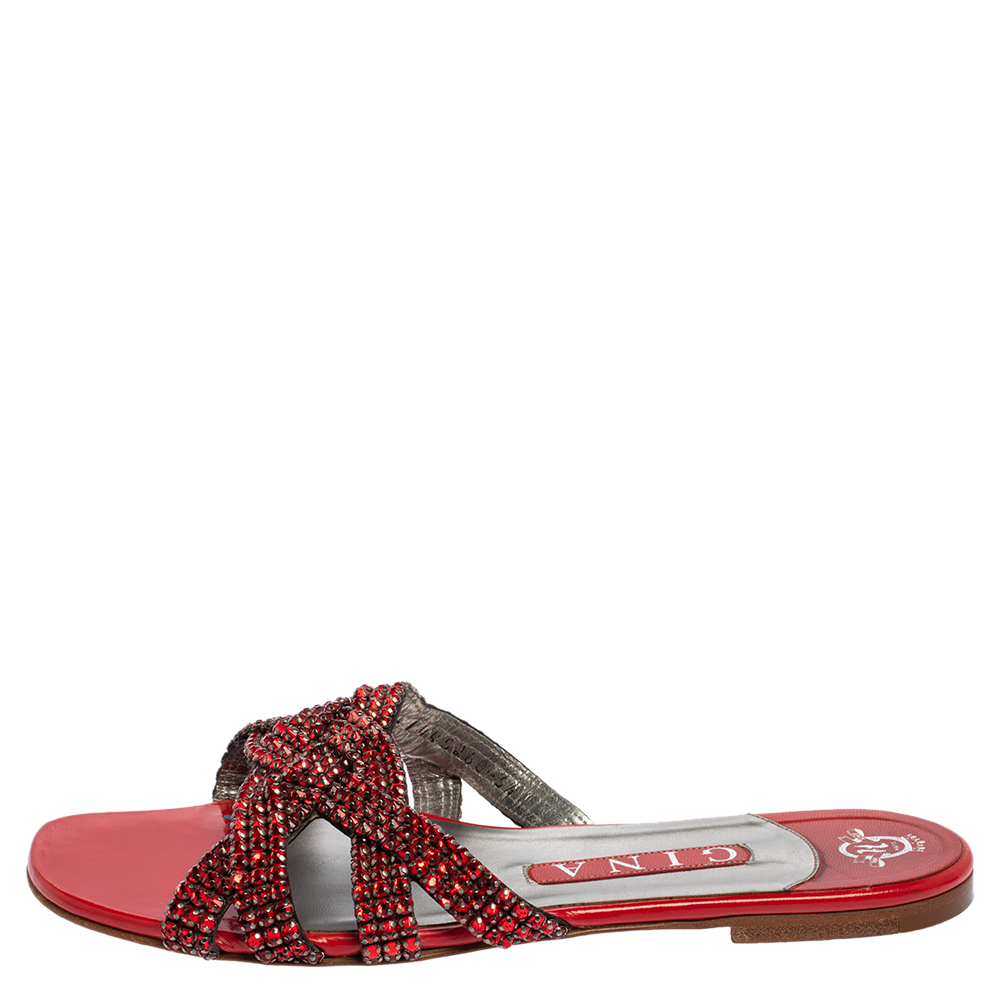 

Gina Red Leather Crystal Embellished Slide Flats Size