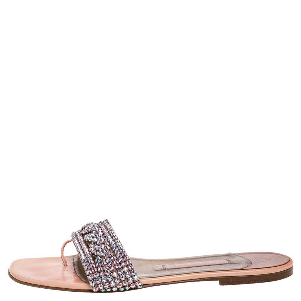 

Gina Pink Crystal Embellished Leather Thong Flat Slides Size