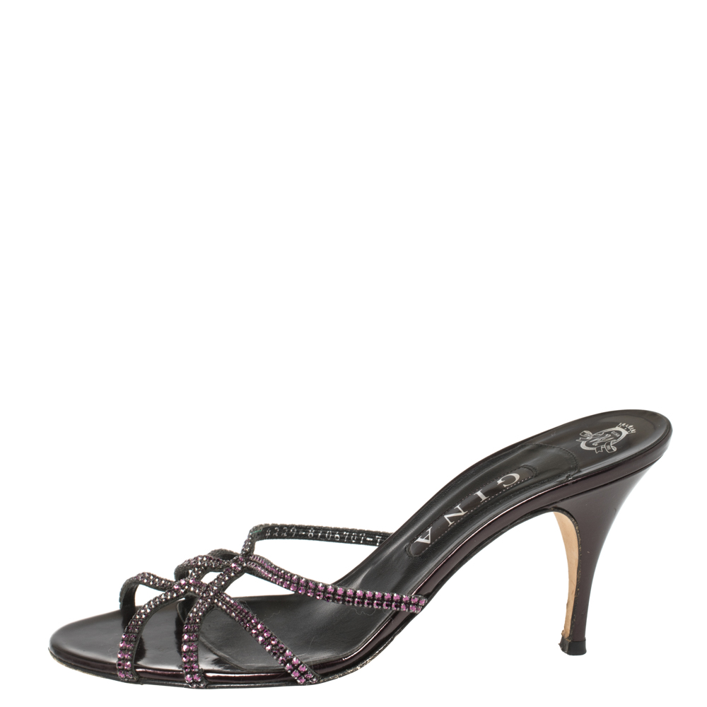 

Gina Plum Leather Crystal Embellished Slide Sandals Size, Purple