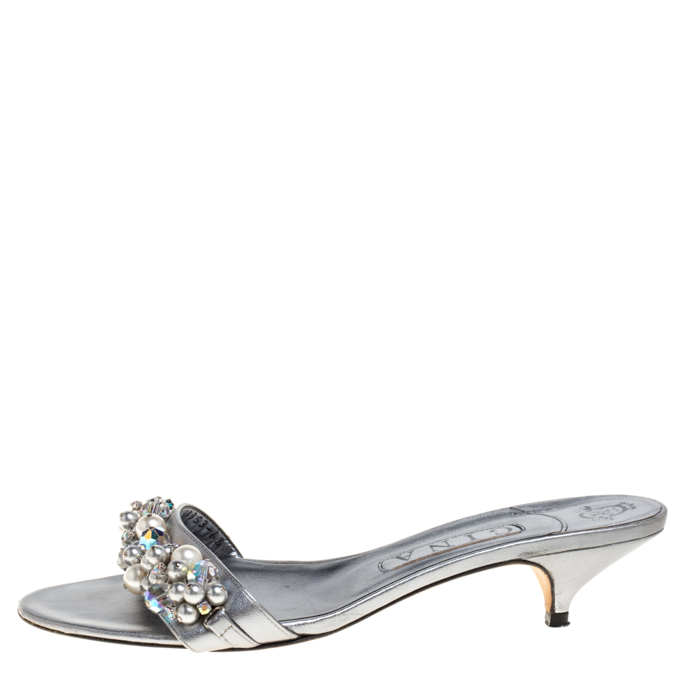 

Gina Metallic Silver Leather Embellished Slide Sandals Size