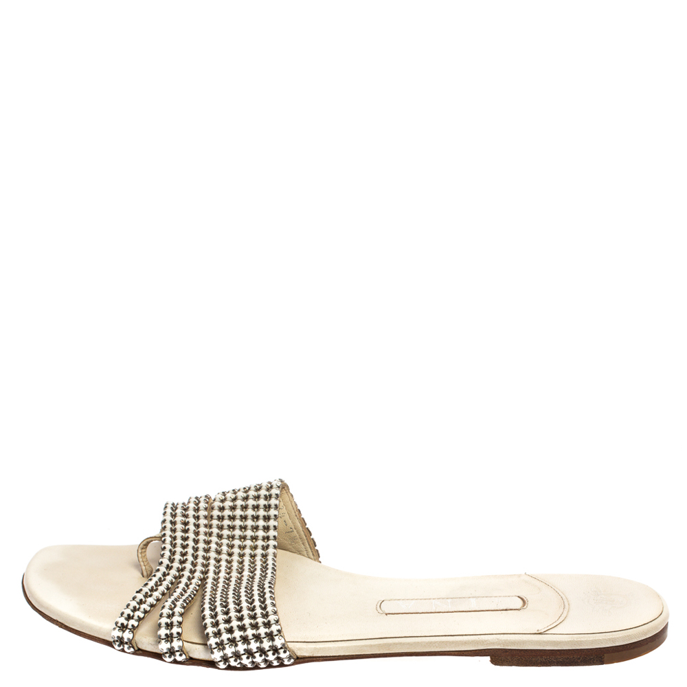 

Gina White Leather Crystal Embellished Thong Flat Slides Size
