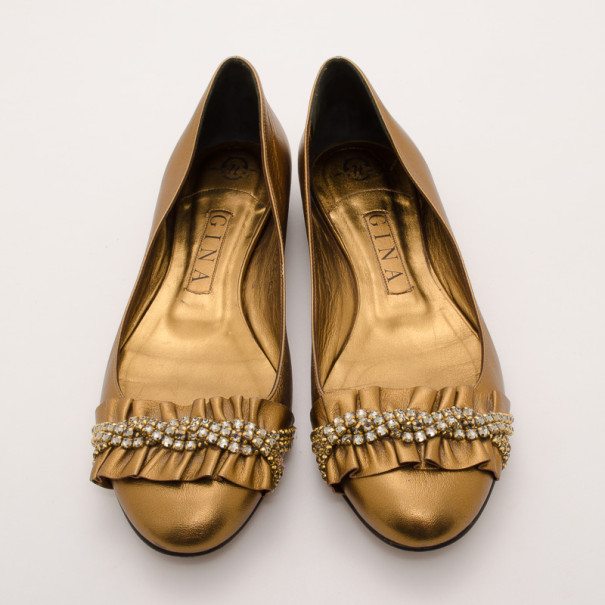 Pre-owned Gina Bronze Metallic Embellished Ballerina Flats Size 39.5 In Gold
