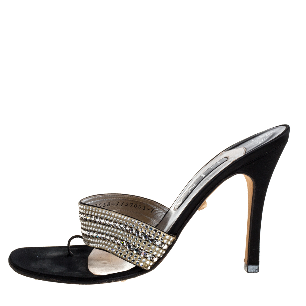 

Gina Black Satin Crystal Embellished Thong Sandals Size