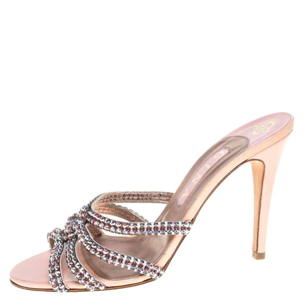 

Gina Pink Leather Crystal Embellished Slide Sandals Size
