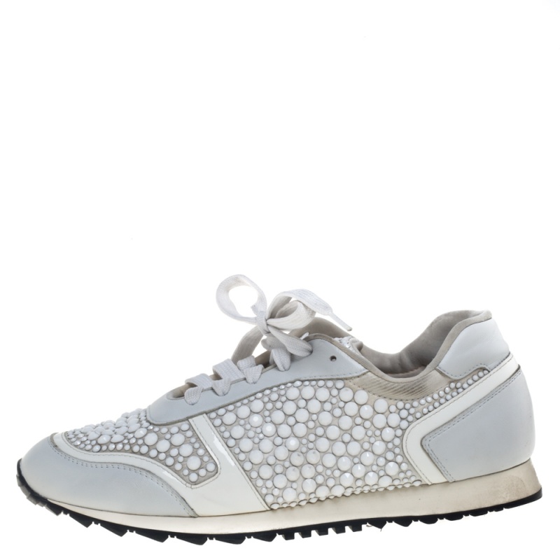 

Gina White Satin And Leather Crystal Embellished Lace Up Sneakers Size