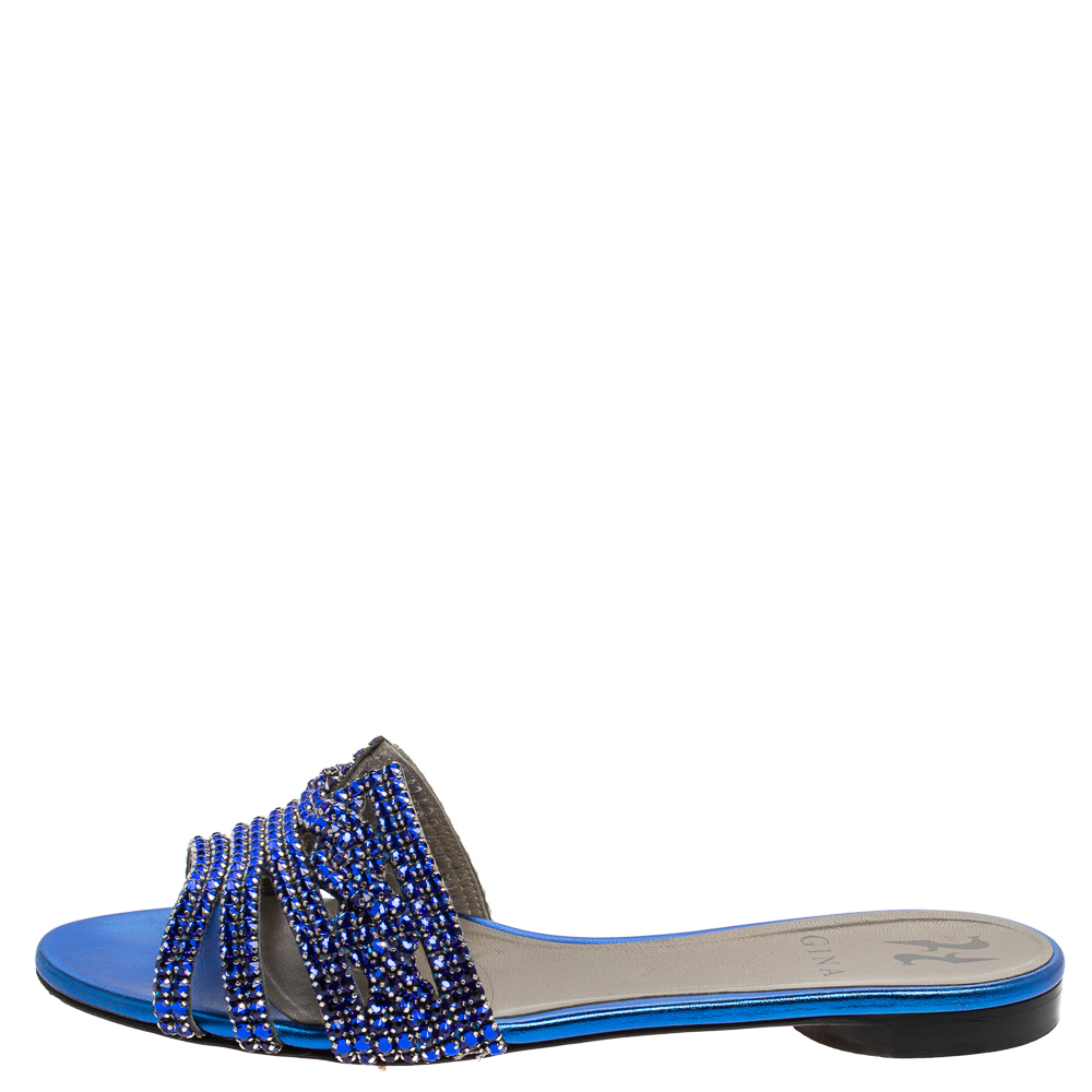

Gina Blue Leather Crystal Embellished Leather Flat Slides Size