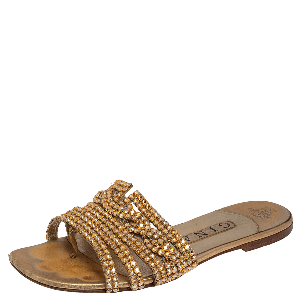 Pre-owned Gina Gold Leather Athena Crystal Embellished Flat Slides Size 38