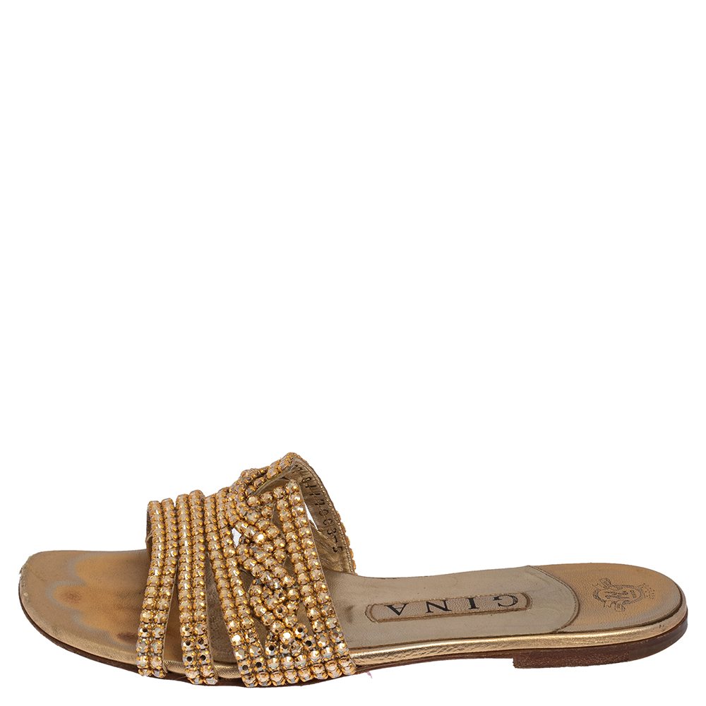 

Gina Gold Leather Athena Crystal Embellished Flat Slides Size