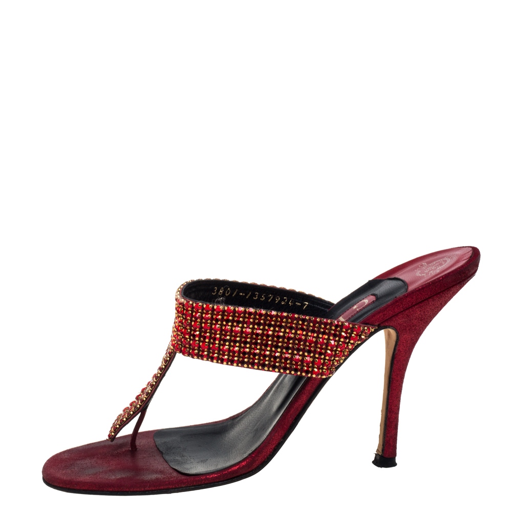 

Gina Red Leather Crystal Thong Sandals Size