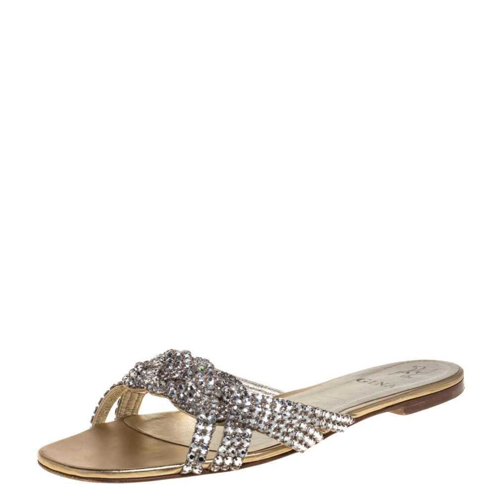 Pre-owned Gina Gold Crystal Embellished Leather Flat Slides Size 40