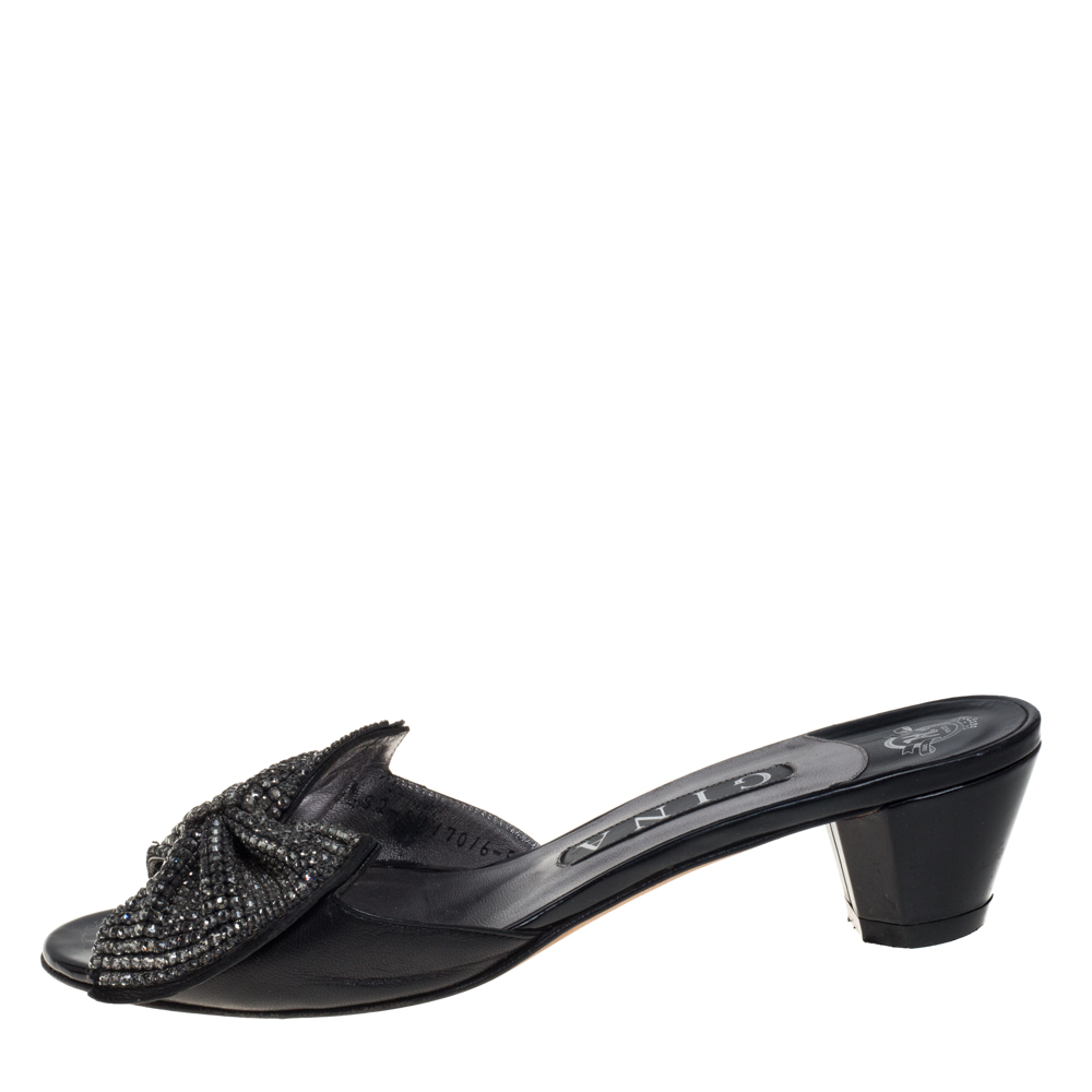 

Gina Black Leather Embellished Bow Slide Sandals Size