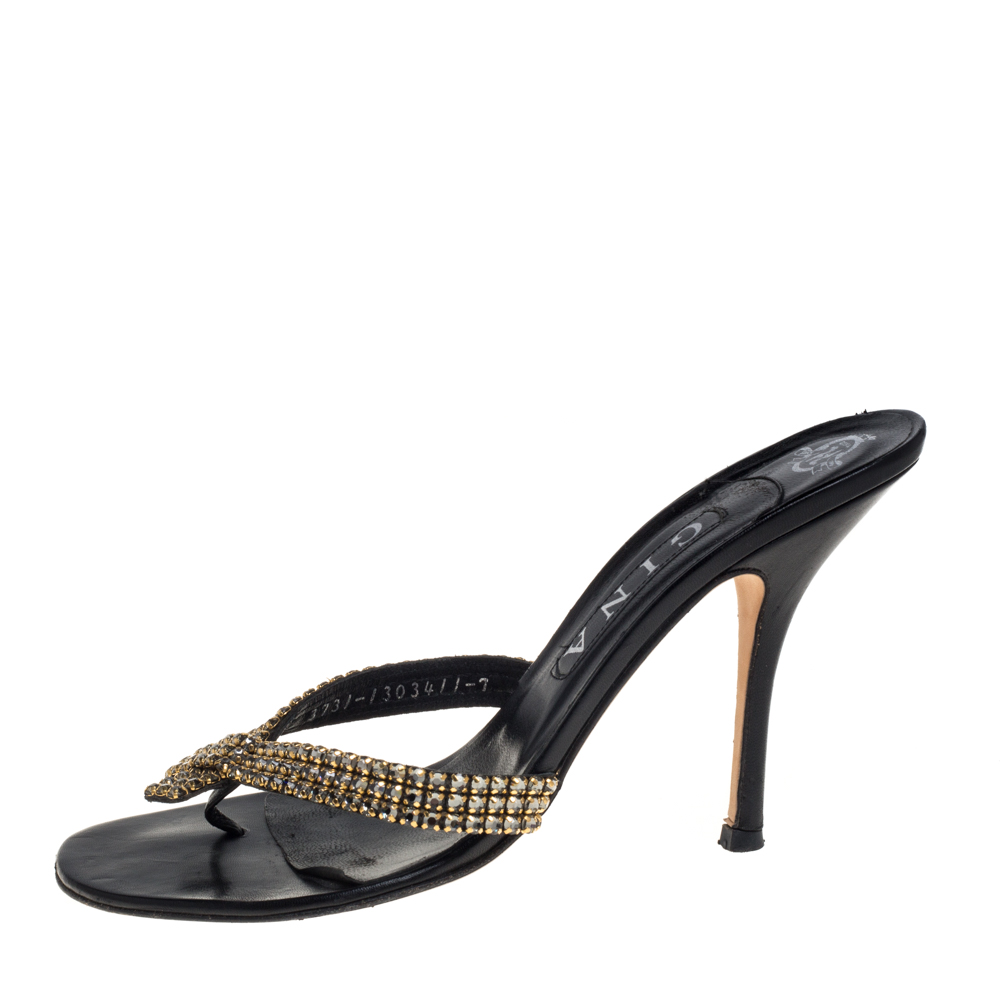 

Gina Black/Gold Leather Crystal Embellished Thong Slide Sandals Size