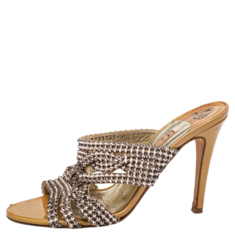 

Gina Metallic Gold Crystal Embellished Leather Slide Sandals Size
