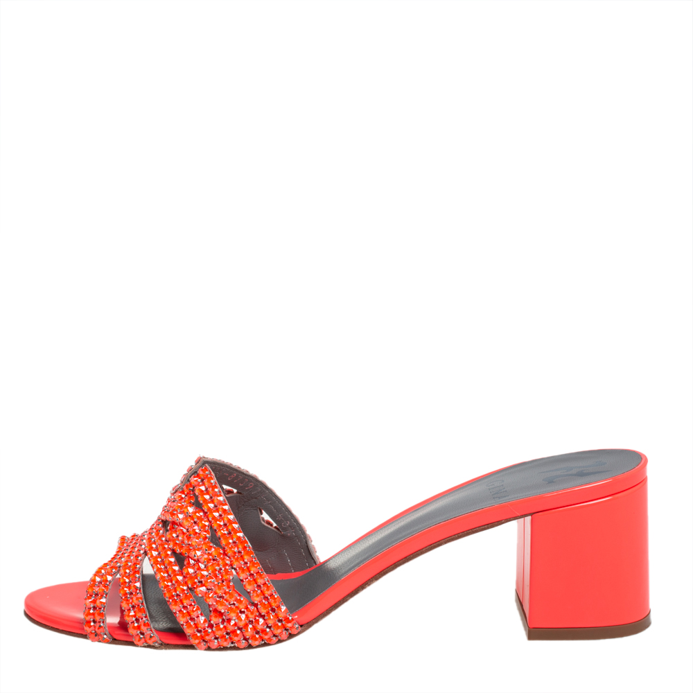 

Gina Neon Orange Crystal Embellished Leather Block Heel Slide Sandals Size