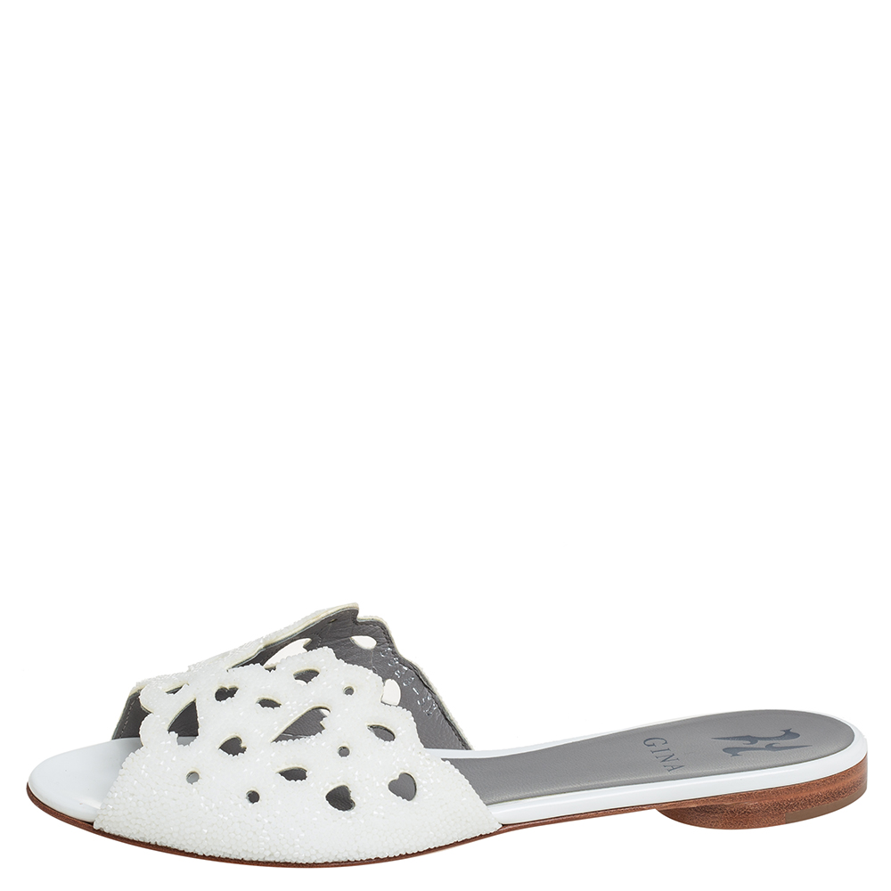 

Gina White Patent Leather Crystal Embellished Flat Slide Sandals Size