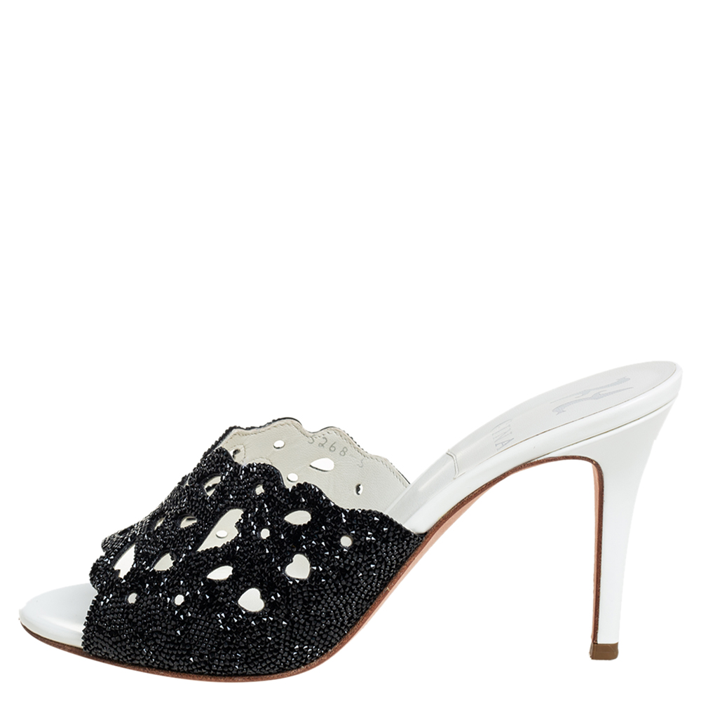 

Gina Black Crystal Embellished Leather Slide Sandals Size