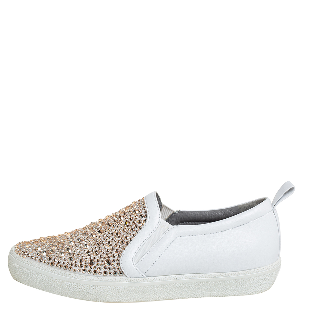 

Gina White Leather And Crystal Embellished Satin Gioia Slip On Skate Sneakers Size