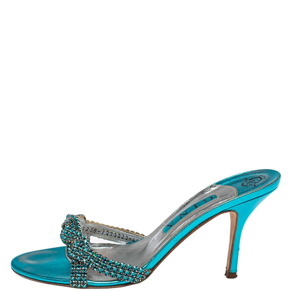 

Gina Blue Crystal Embellished Leather Zeta Slide Sandals Size