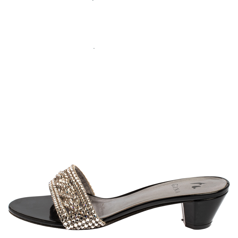 

Gina Black/Grey Patent And Leather Crystal Embellishment Slide Sandals Size