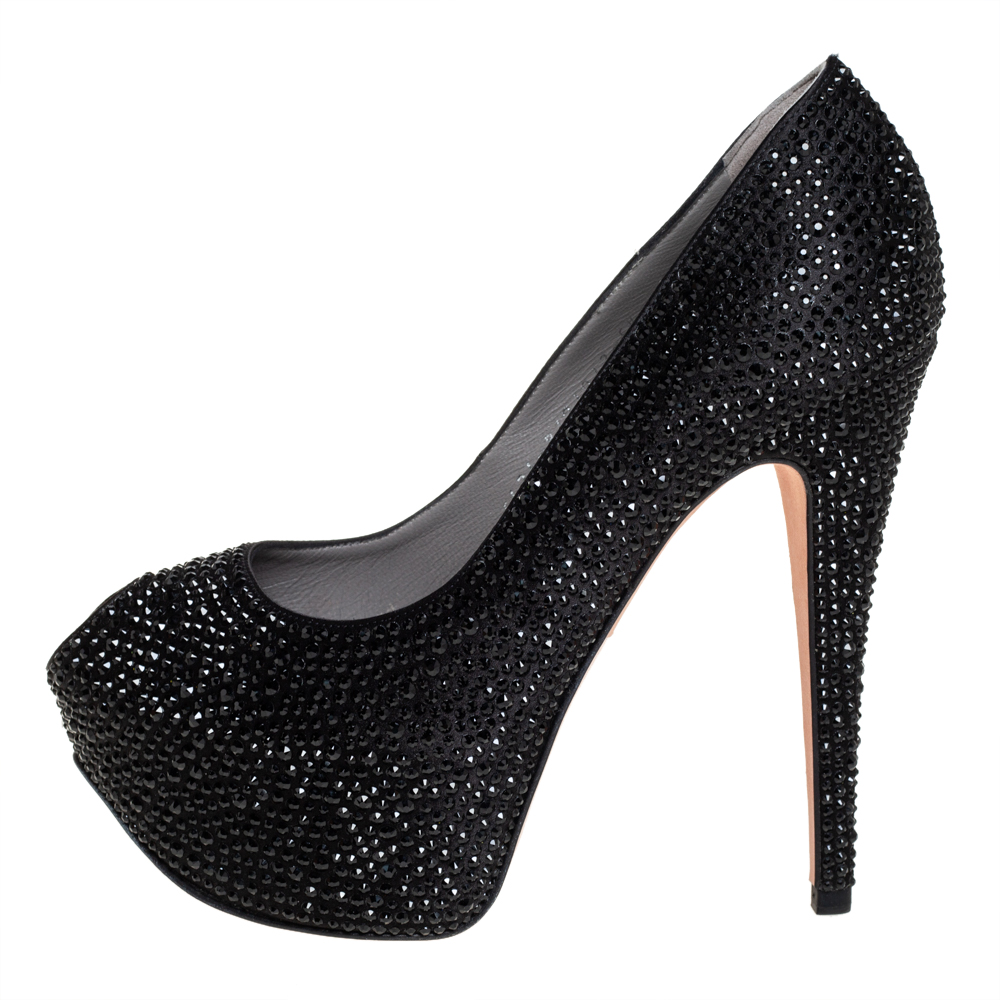 

Gina Black Crystal Embellished Satin Peep Toe Platform Pumps Size