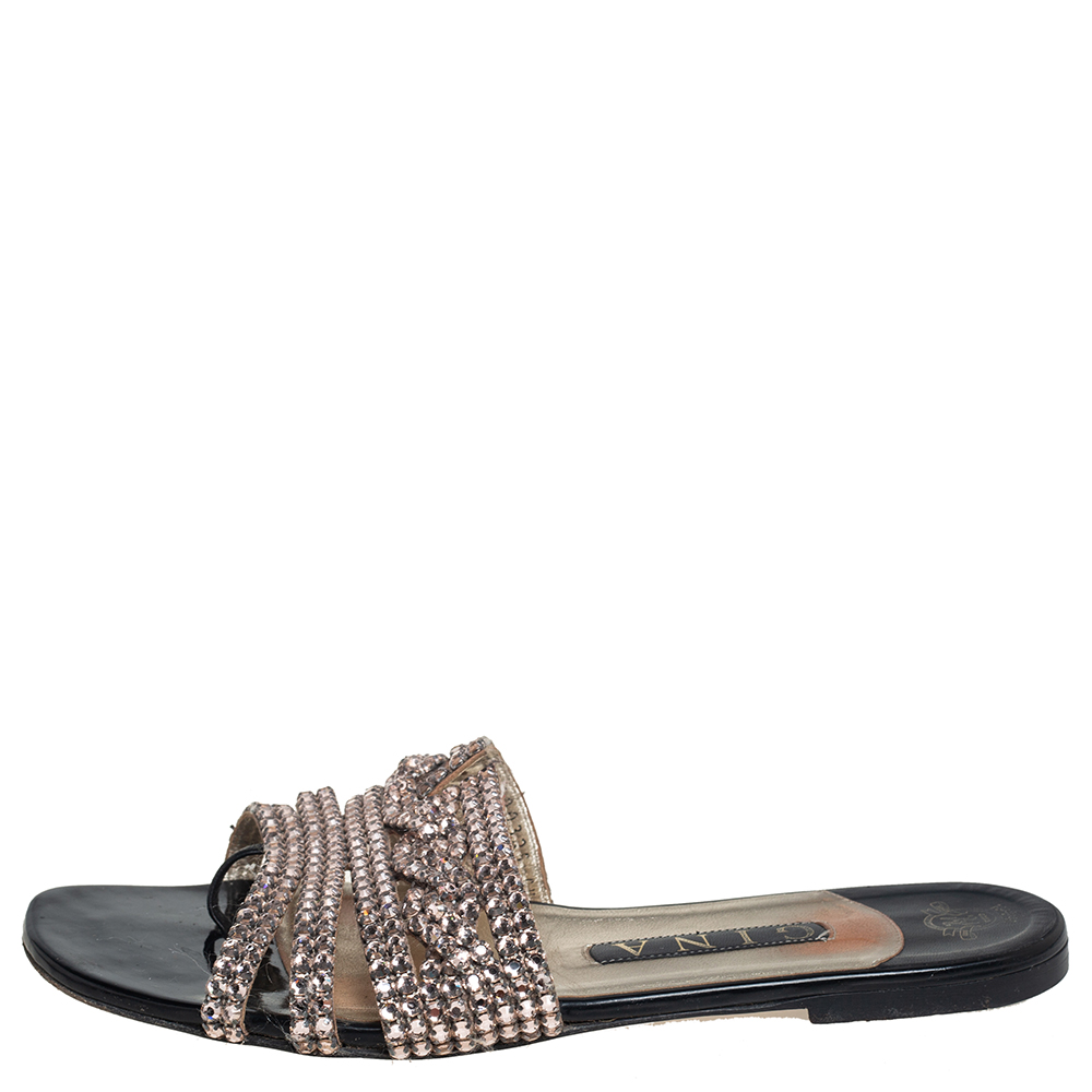 

Gina Rose Gold Leather Embellished Sandals Size