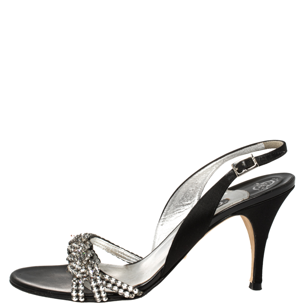 

Gina Black Satin Crystal Embellished Slingback Sandals Size