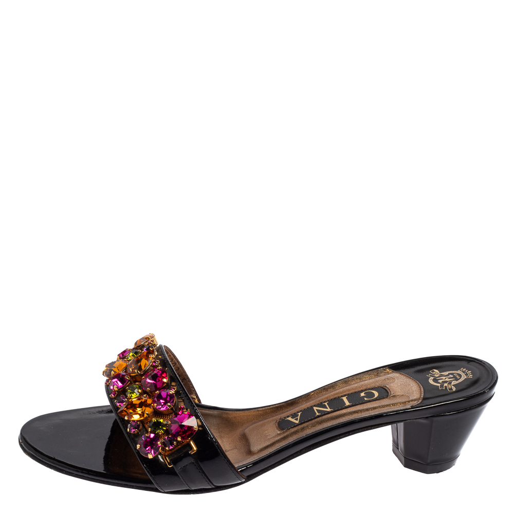 

Gina Black Patent Leather Crystal Embellished Mule Sandals Size