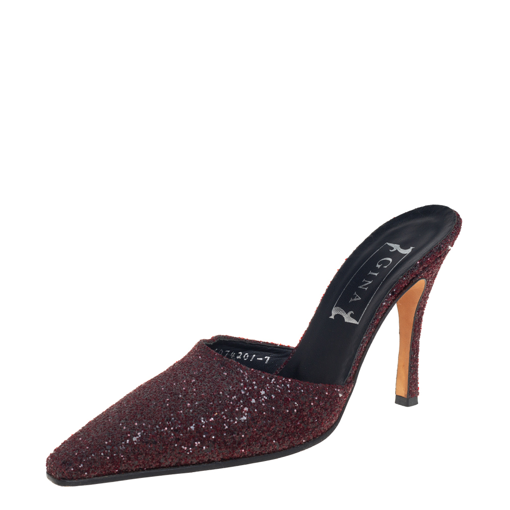 Pre-owned Gina Dark Burgundy Glitter Mule Sandals Size 40