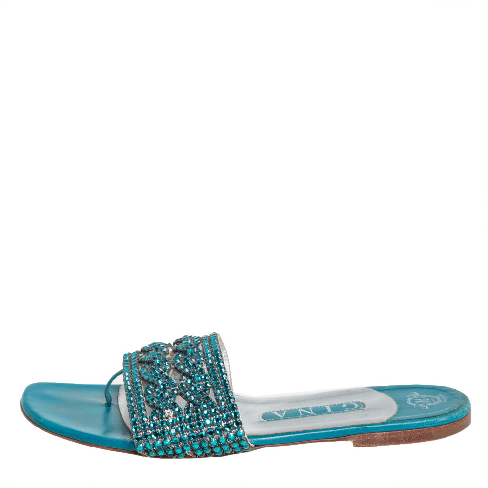 

Gina Blue Leather Embellished Flat Sandals Size