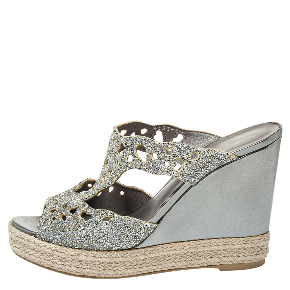 

Gina Silver Glitter Wedge Platform Sandals Size