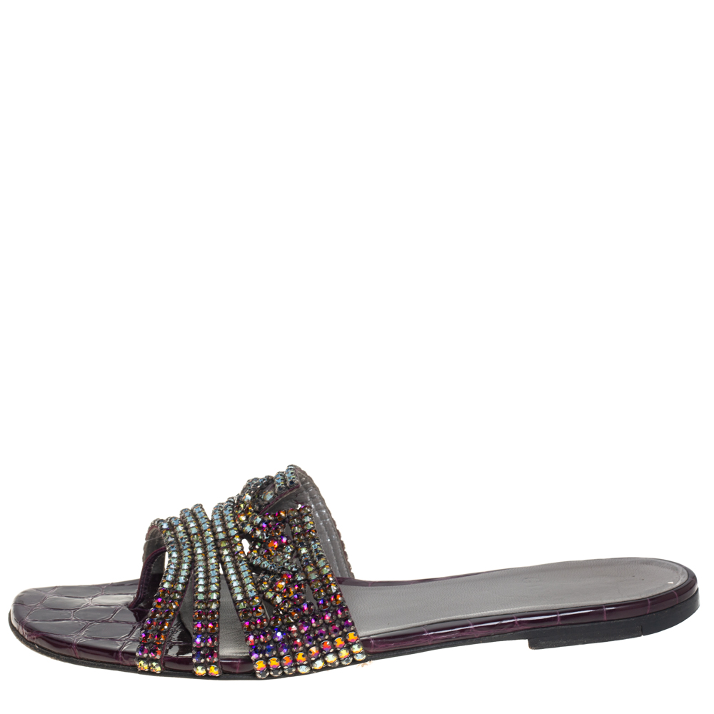 

Gina Purple Leather Crystal Embellished Loren Flat Sandals Size