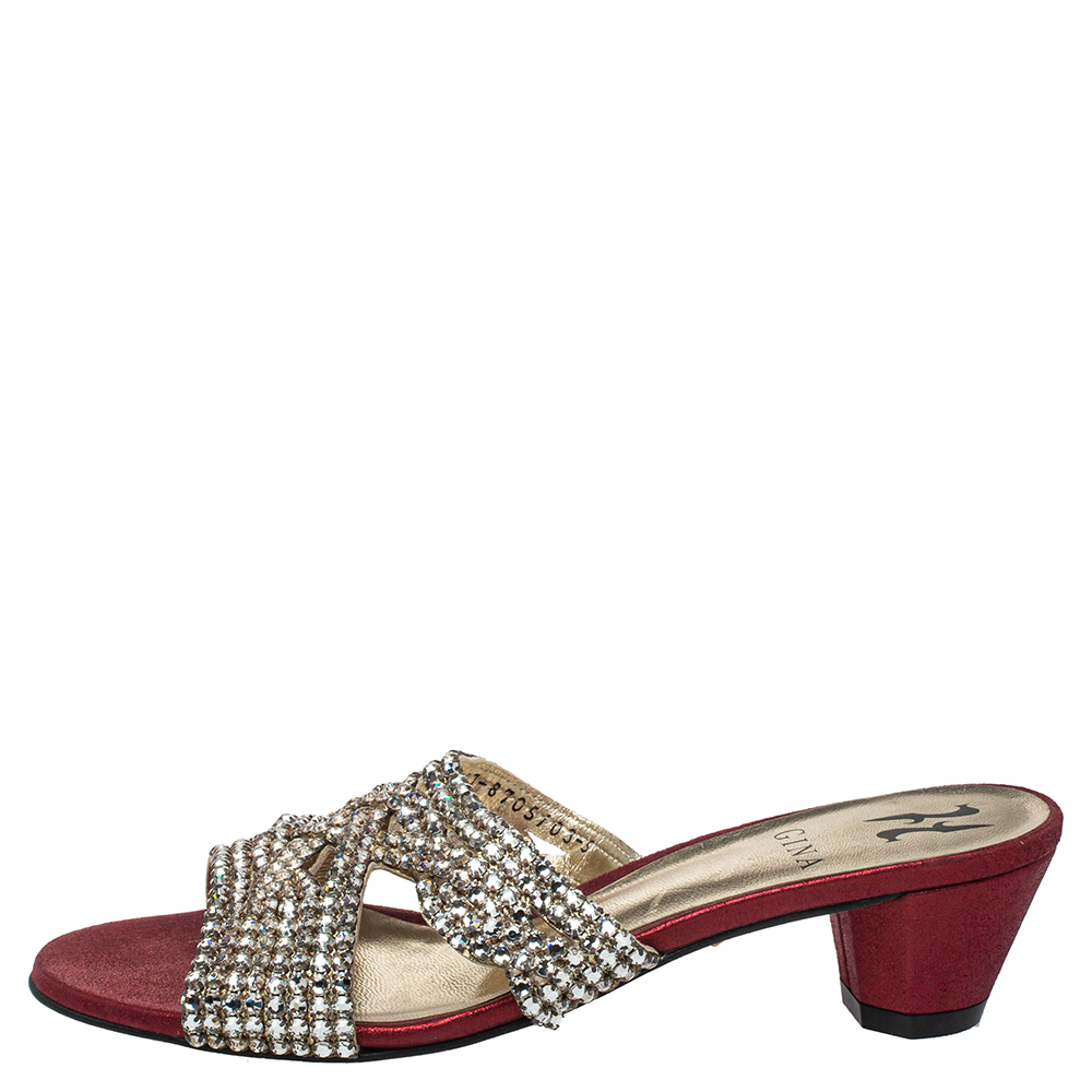 

Gina Red Leather Crystal Embellished Slide Sandals Size