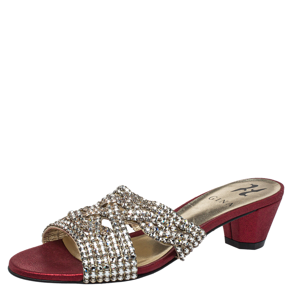 Pre Owned Gina Red Leather Crystal Embellished Slide Sandals Size 38