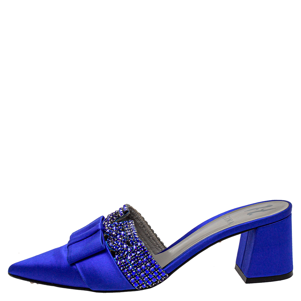 

Gina Blue Satin Chachki Block Heel Mules Size