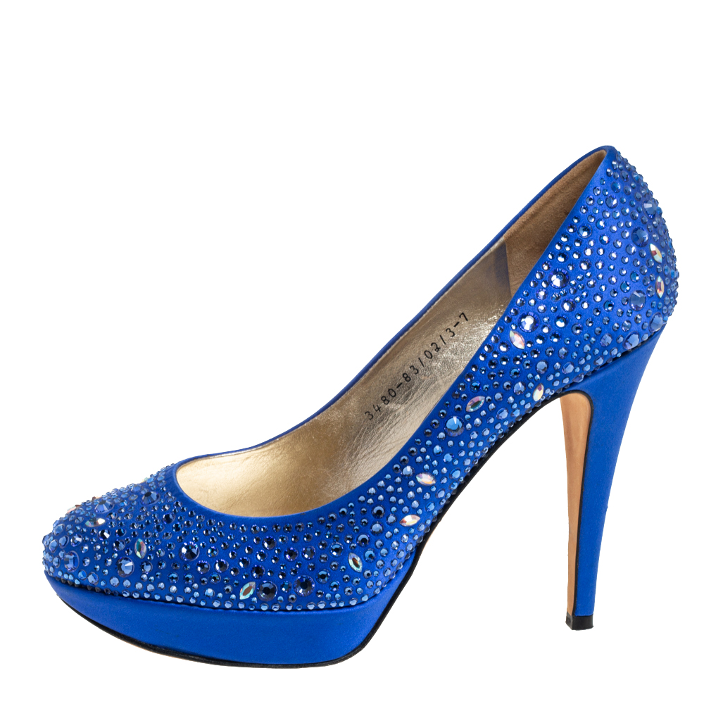 

Gina Blue Satin Crystal Embellished Platform Pumps Size