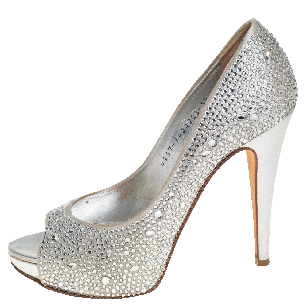 

Gina Silver Satin Crystal Embellished Peep Toe Platform Pumps Size