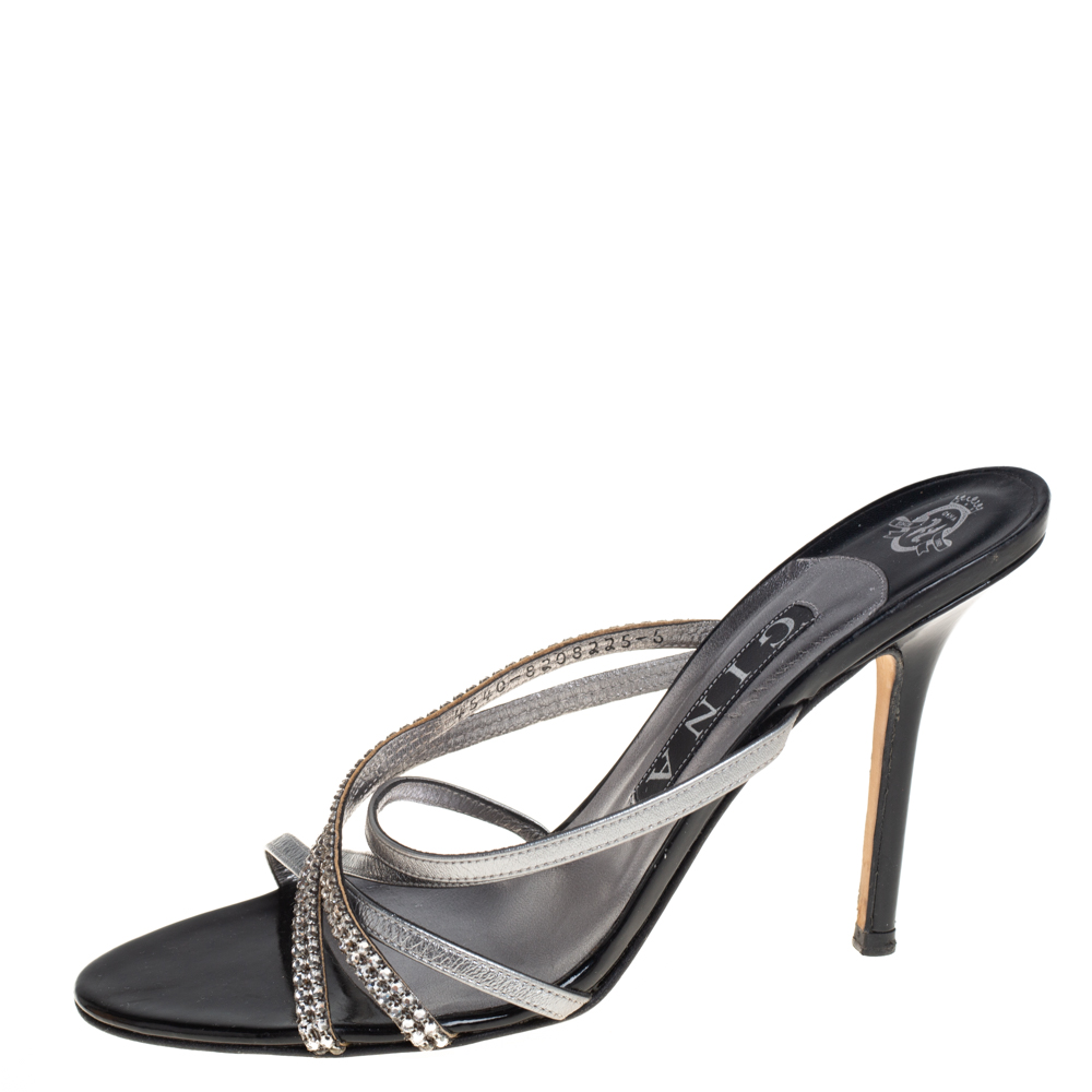 

Gina Silver/Black Leather Crystal Embellished Strappy Sandals Size