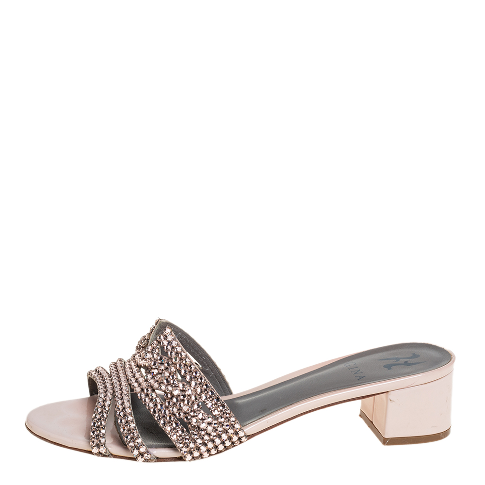 

Gina Beige Leather Crystal Embellished Block Heel Slide Sandals Size