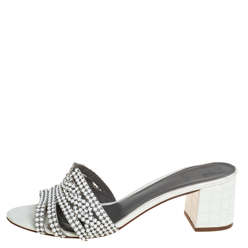 

Gina Off White Leather Crystal Embellished Block Heel Slide Sandals Size
