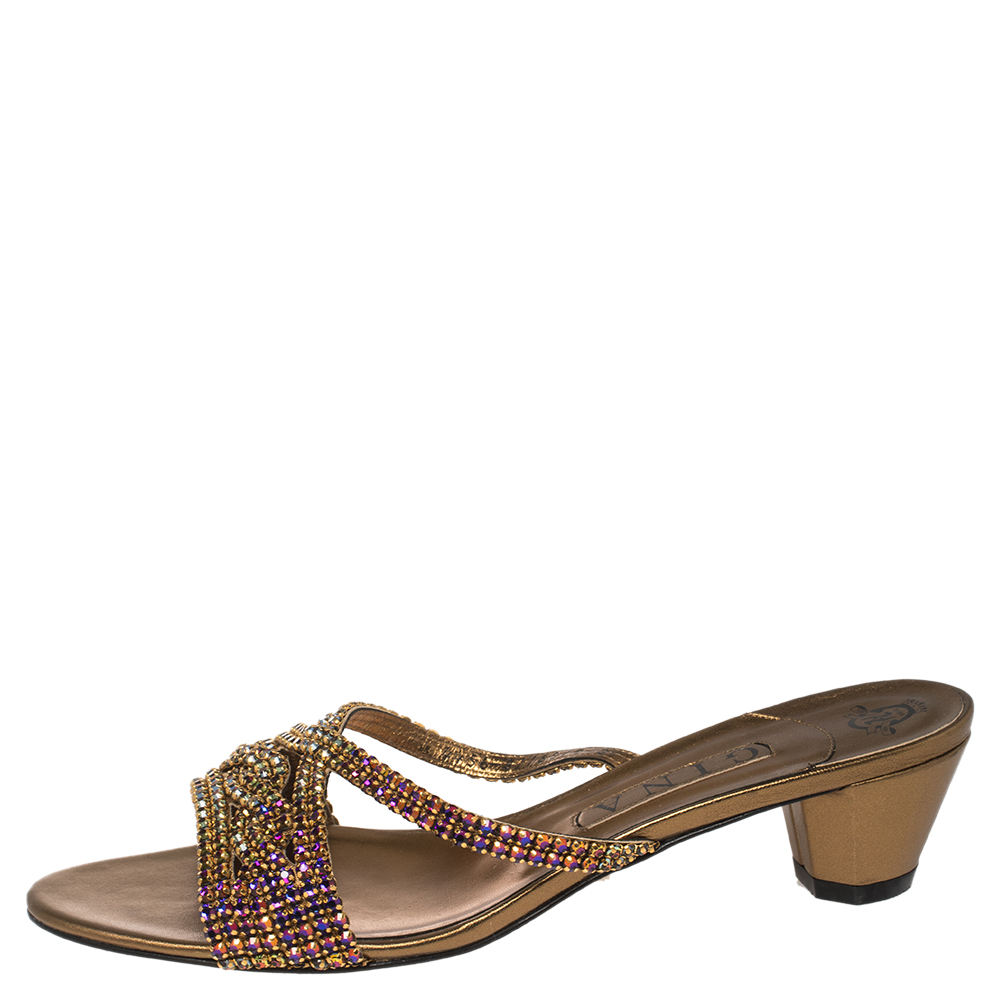 

Gina Gold Leather Crystal Embellished Slide Sandals Size, Metallic