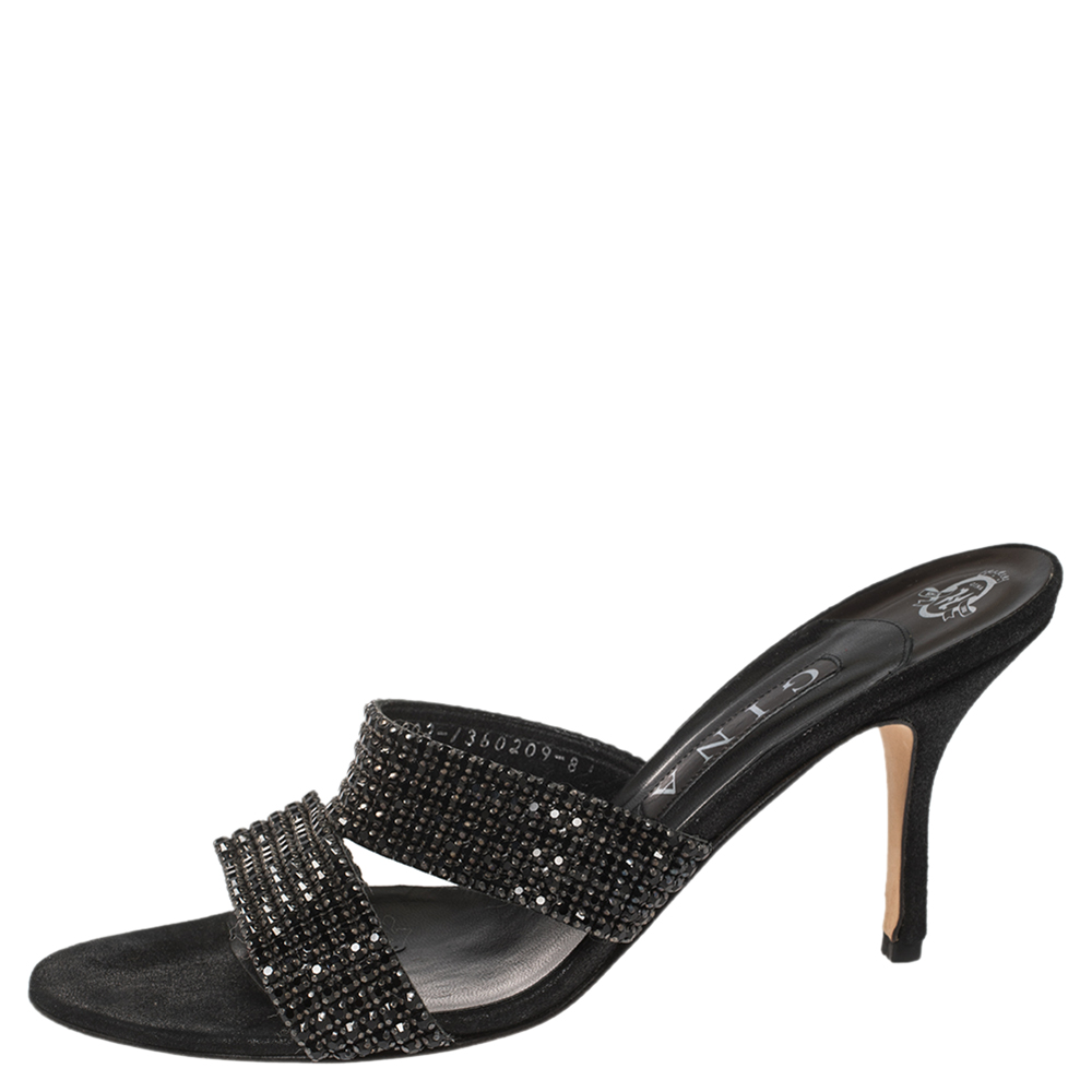

Gina Black Leather Crystal Embellished Slide Sandals Size