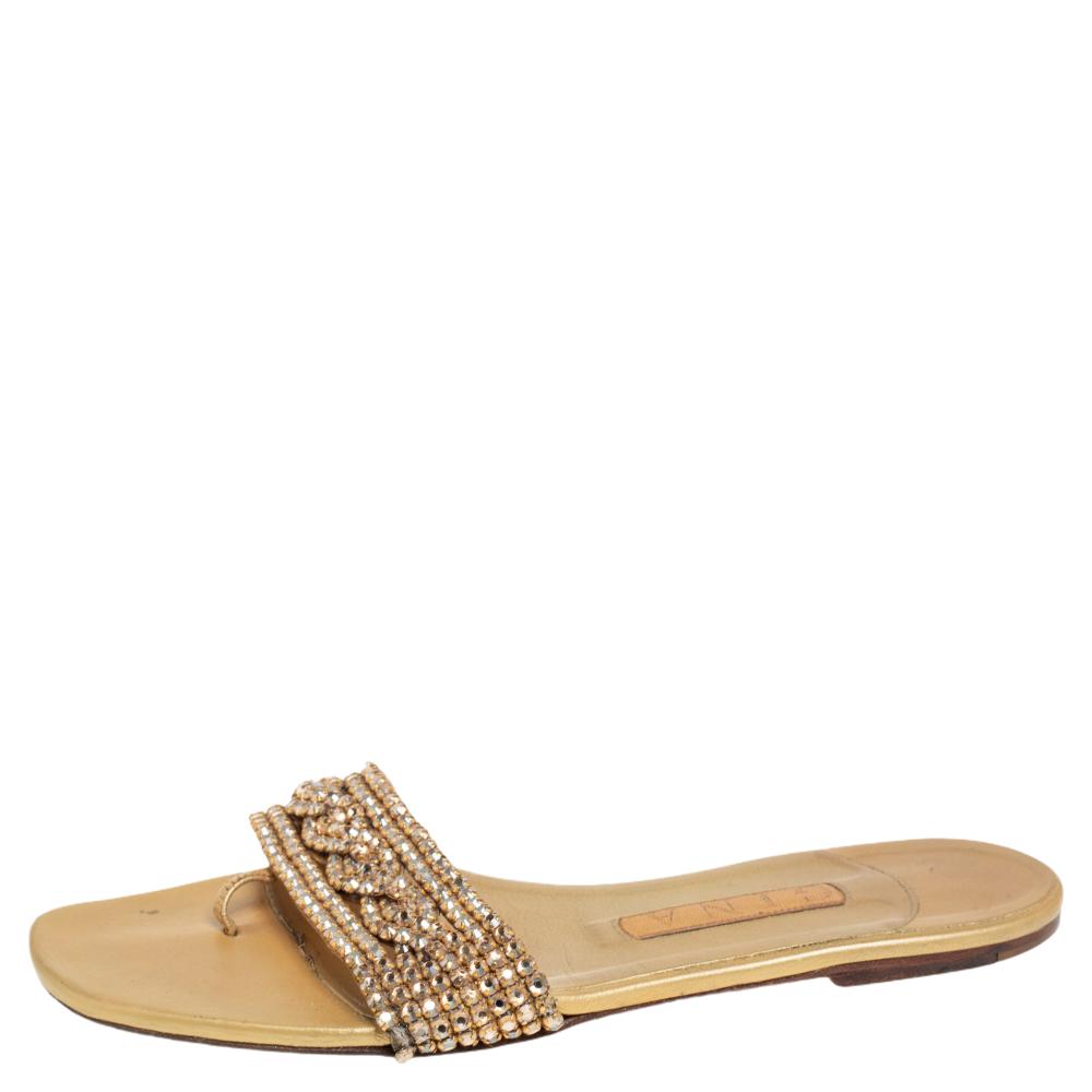 

Gina Gold Leather Crystal Embellished Thong Flat Slides Size
