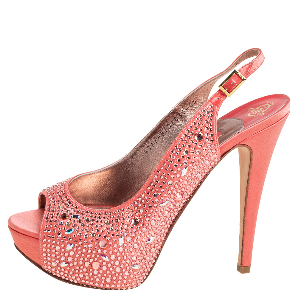 

Gina Peach Satin Crystal Embellished Platform Peep Toe Slingback Sandals Size, Pink