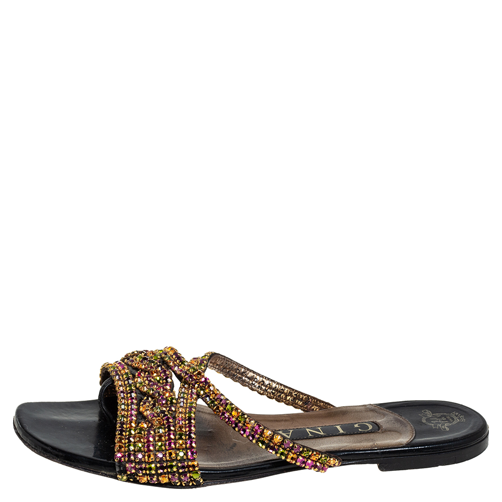 

Gina Black Leather Crystal Embellished Slide Sandals Size